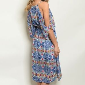 Blue floral cold shoulder spaghetti strap dress